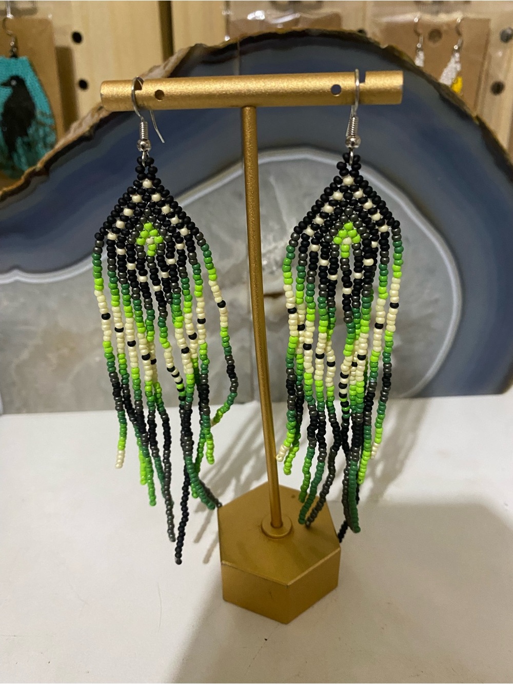 Beaded Fringe Earrings in Black, Lime & Cream